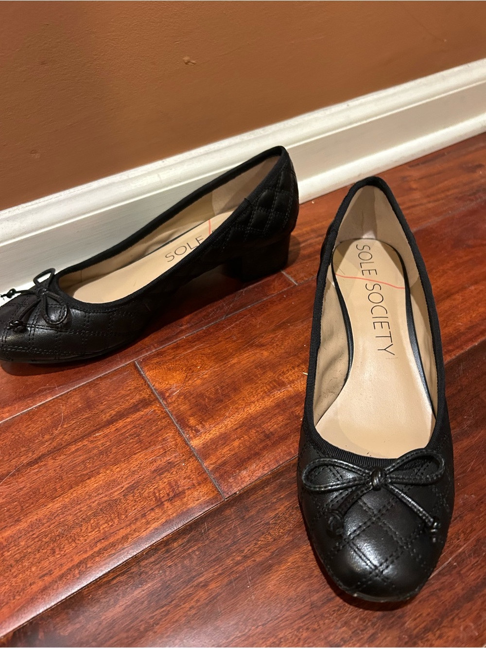 Sole Society Black Quilted Low Block Heel Flats with Bow